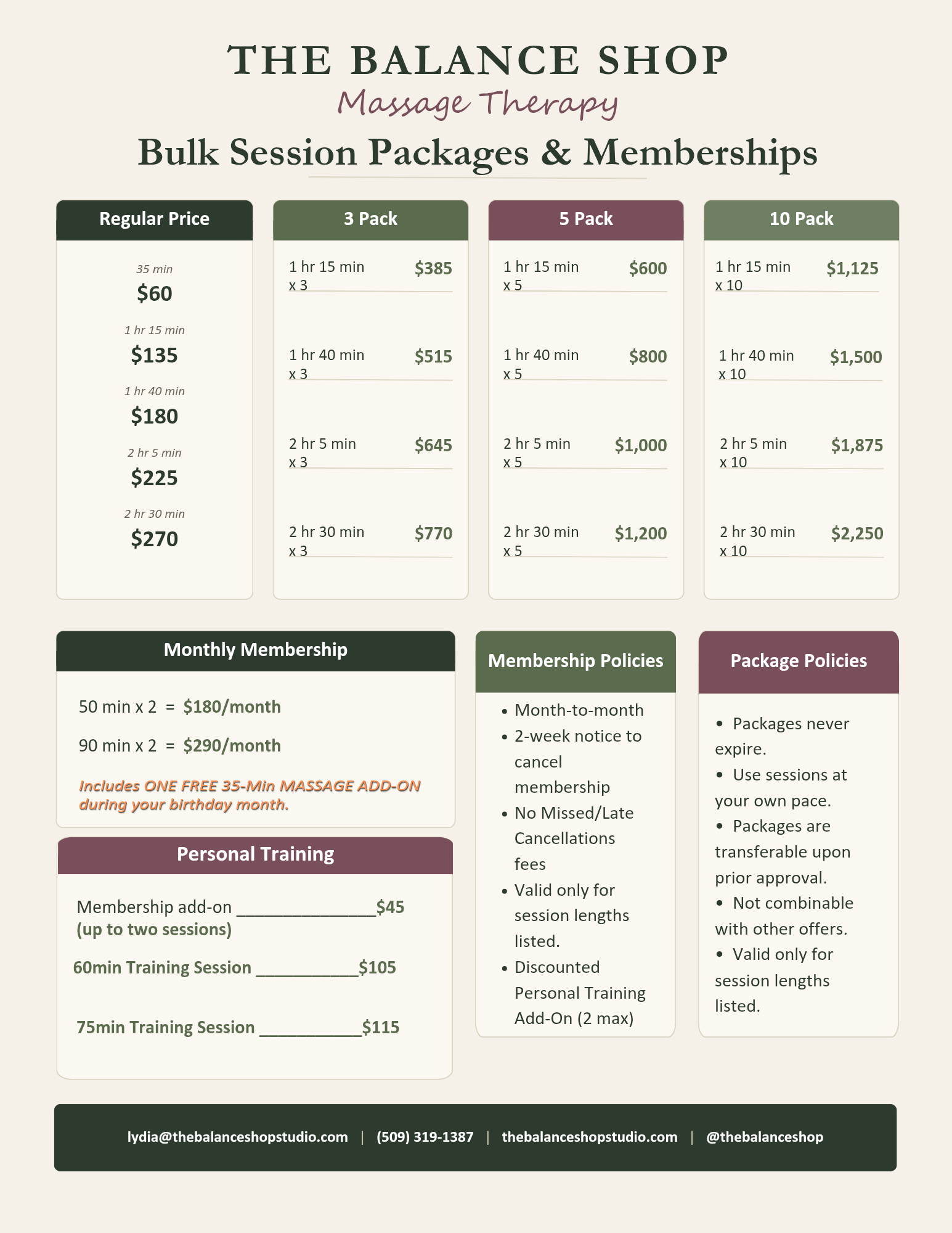 The Balance Shop Massage Therapy pricing sheet showing regular prices, 3/5/10 session packages, monthly memberships, personal training rates, and membership and package policies