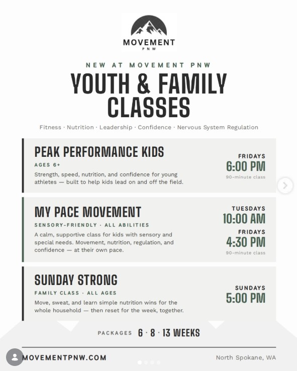 MovementPNW Youth & Family Classes flier featuring Peak Performance Kids, My Pace Movement, and Sunday Strong with class times and 6, 8, and 13-week packages